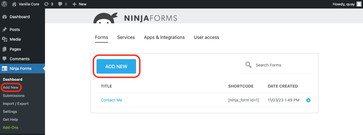 image highlighting both methods of adding a new forms: Add New in the WordPress dahsboard menu under Ninja Forms, and the Add New button on the Ninja Forms dashboard screen